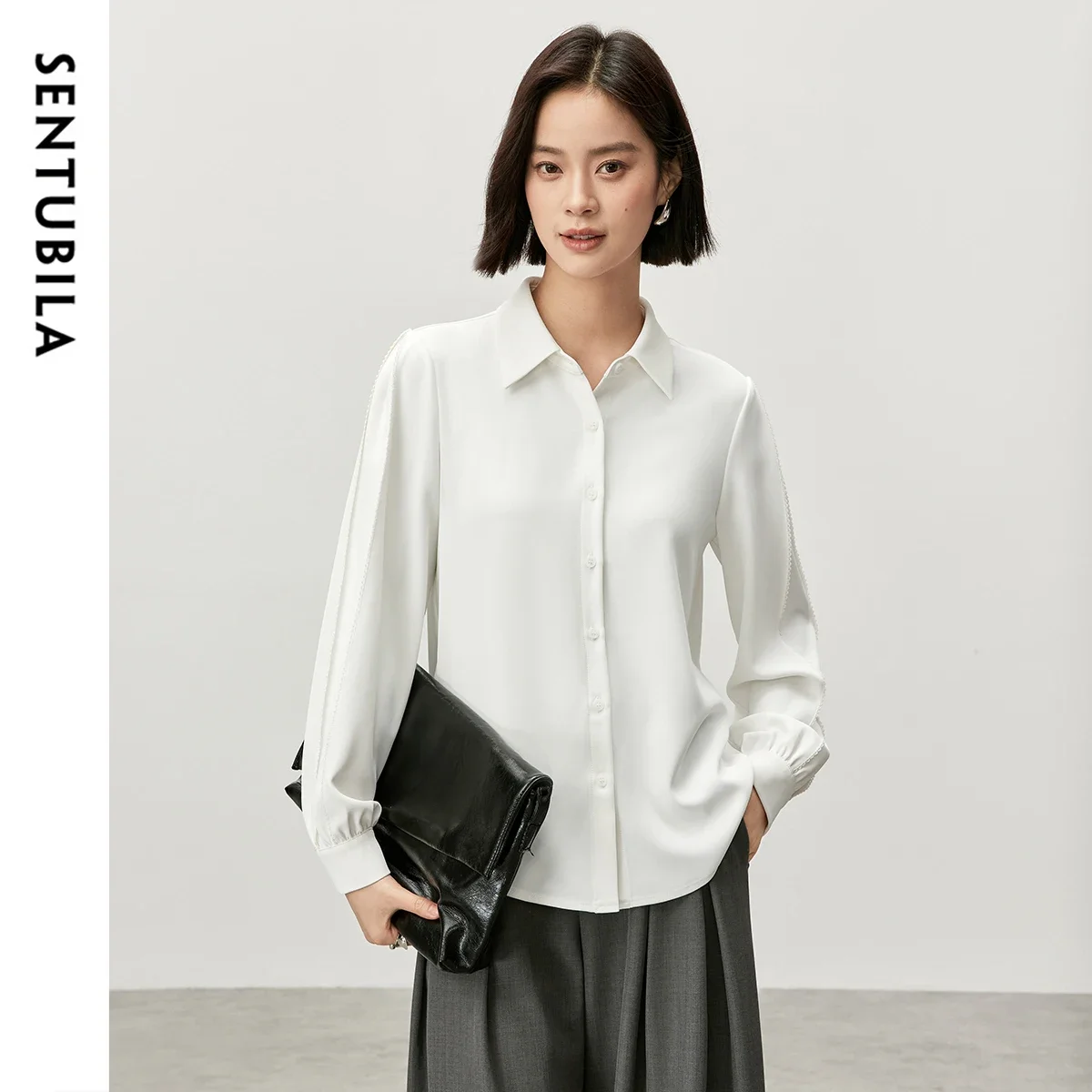 

SENTUBILA Office Lady White Shirt for Women 2025 Spring Autumn Straight Single Breasted Lantern Sleeve Simple Blouse 151C57247