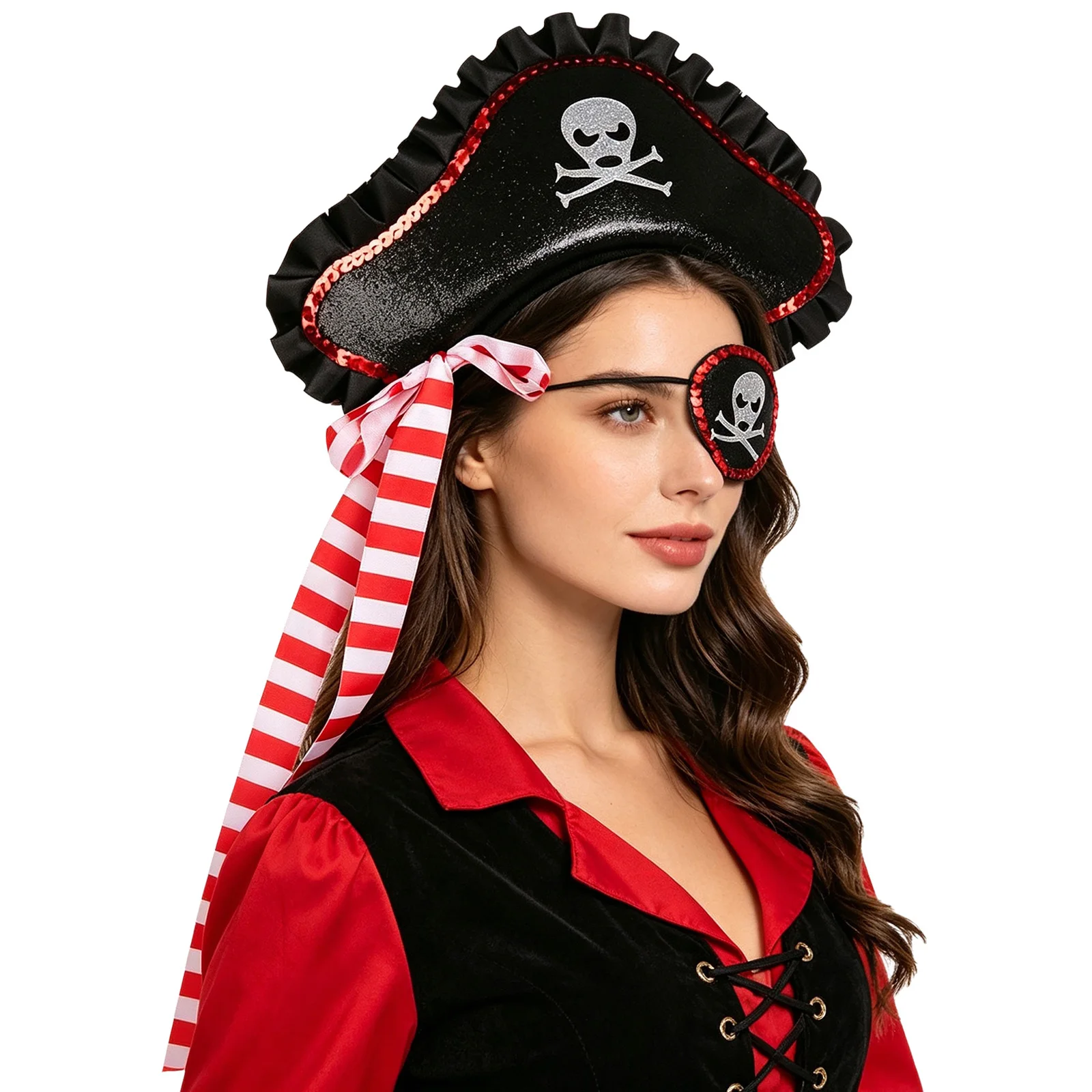 Unisex Adults Pirate Costume Accessories Ribbon Skull Print Headwear with One-eyed Eye Patch for Halloween Party Performance