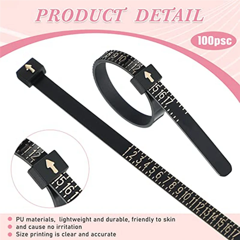 A88X Confezione da 100 misure riutilizzabili per dito, misuratore per anelli, strumento di misurazione per anelli in plastica, bianco e nero