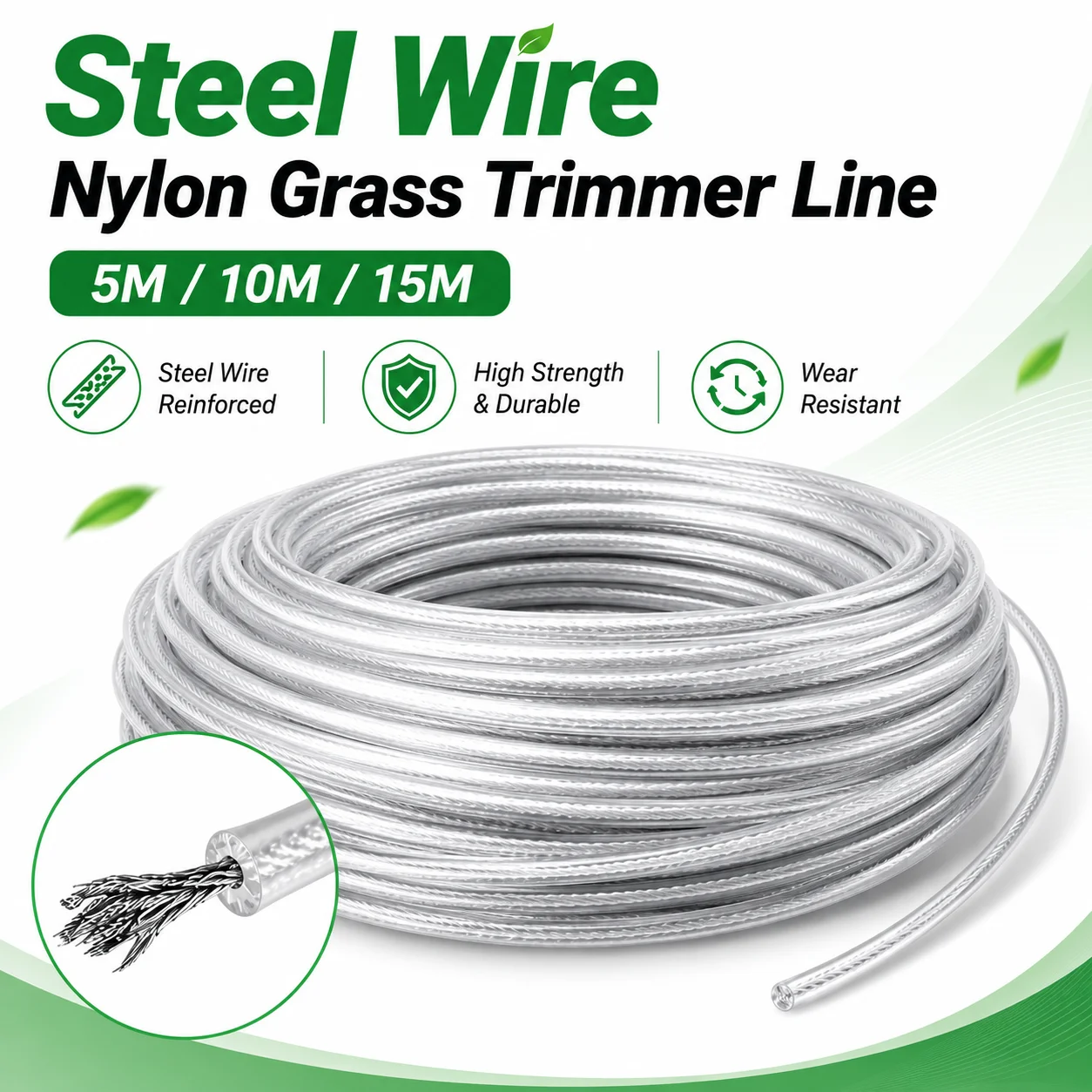 5M/10M/15M Steel Wire Nylon Trimmer Line, Brushcutter Rope, Lawn Mower Cord, Durable Round Grass Cutting Replacement Roll
