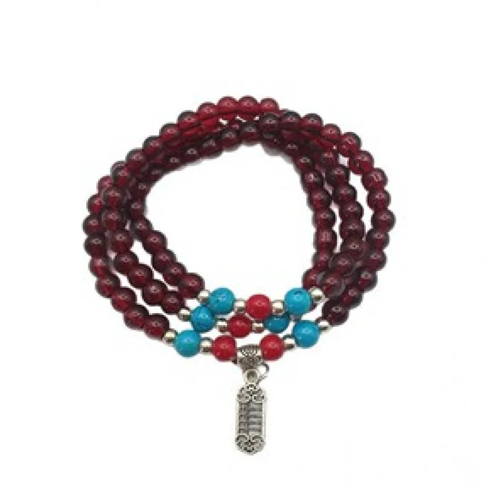 1 Pack 3-Layer Imitation Garnet Beaded Stretch Bracelet, Wine Red Multi-Row Ethnic Turquoise Mala Prayer Bracelet, Vintage Stackable Worry Stone Jewelry for Men Women Meditation Holiday Birthday Gift