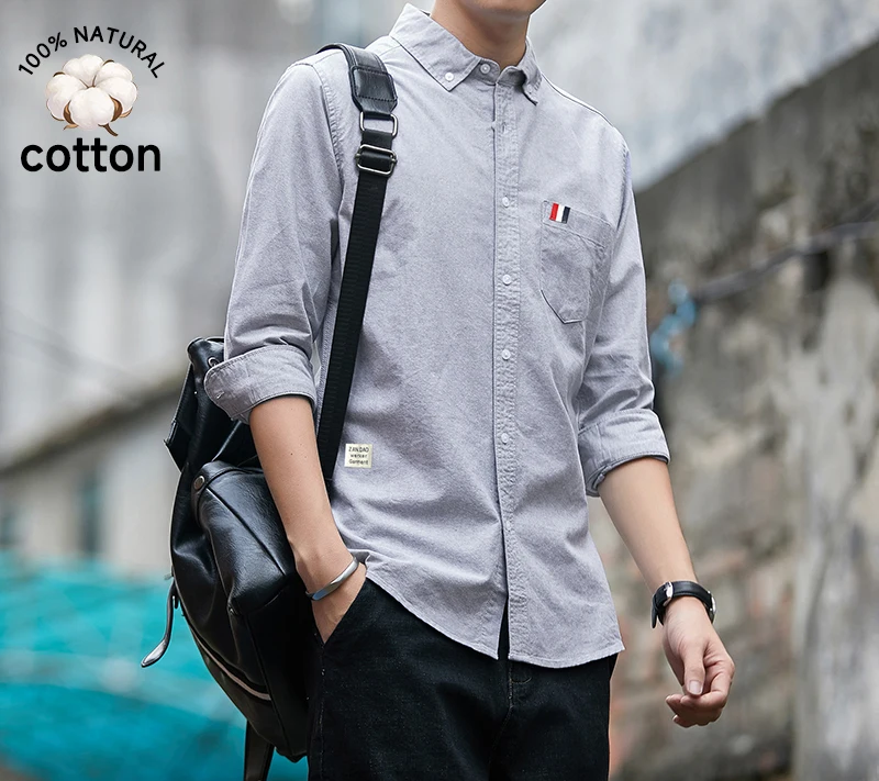2026 Neues Hochwertiges Oxford-Stoff Frühling Sommer 100% Baumwolle Graues Herren Langarmhemd mit Tasche und Revers Korea Y2k Mantel