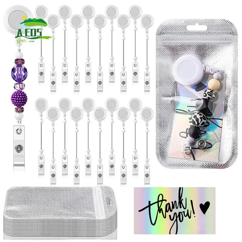 

AED5-Retractable Clips Holder For Beads 20 ID Name Beaded Badge Reel 20 Resealable Pouch Bag 20 Thank You Cards