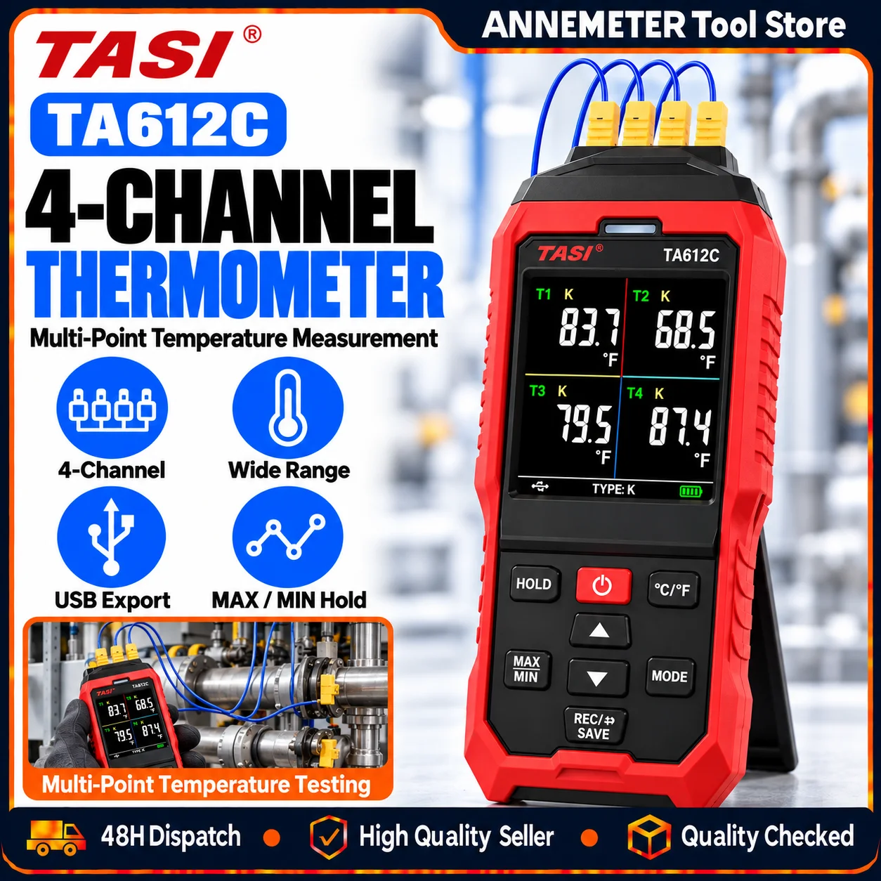 TASI 4-Channel K-Type Thermocouple Thermometer-Dual Color Display, USB Data Export, -328~2502°F High Temp Meter for HVAC Furnace