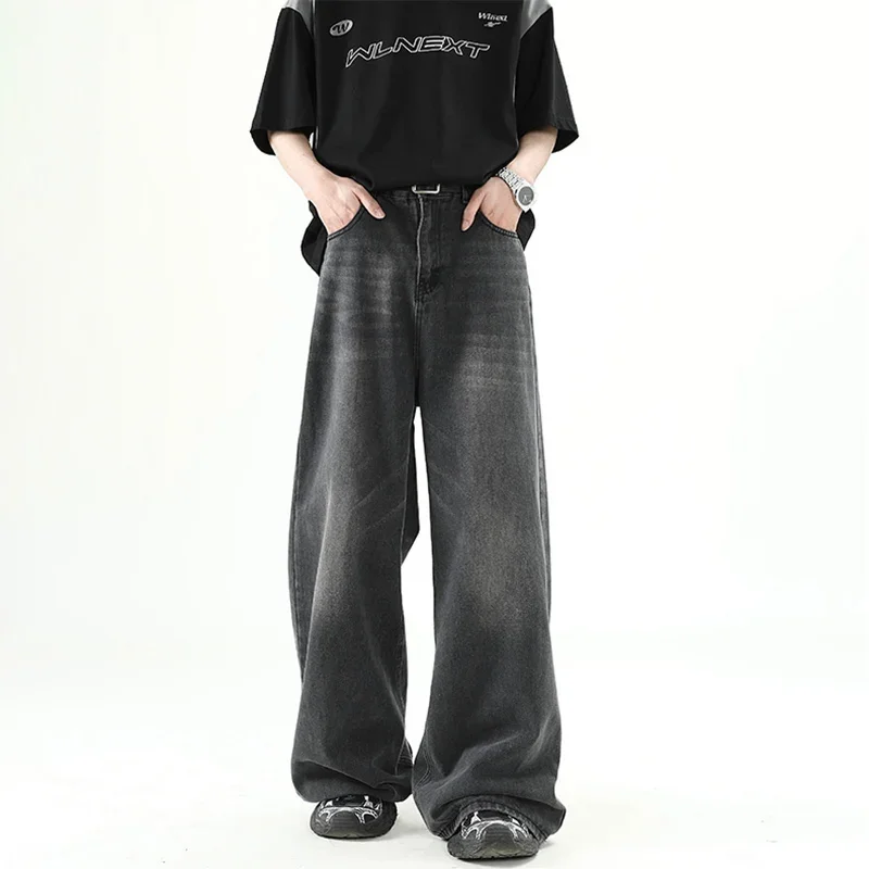 New Fashion Korean Vintage High Street Denim Men Denim Pants Washed Male Jeans Straight Casual Menwear Loose Wide Leg Trousers