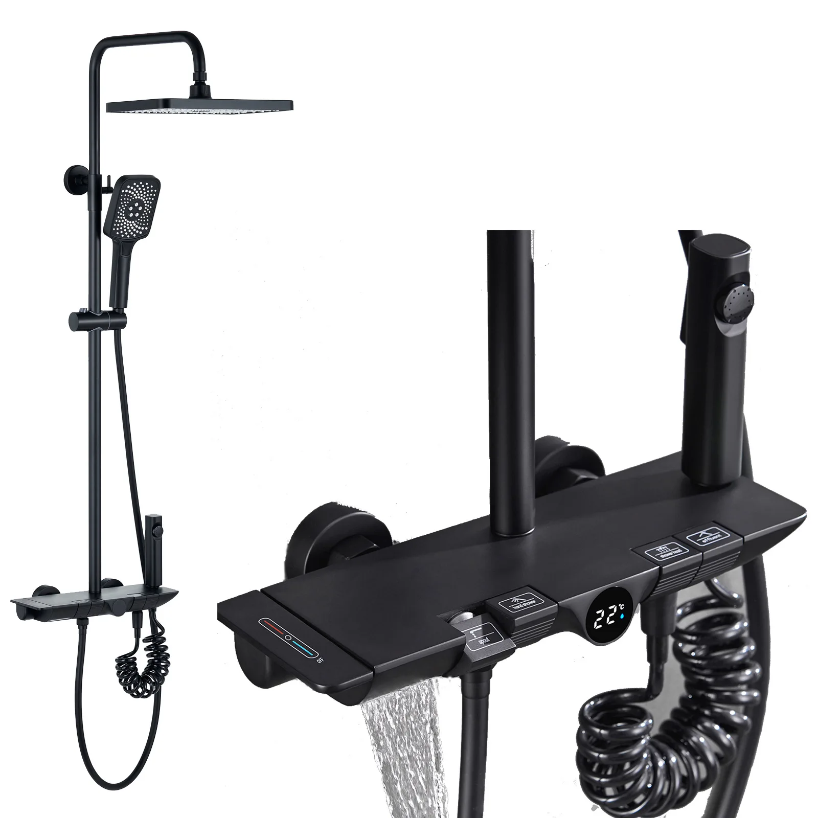 Four-function Piano Shower Constant Temperature Digital Display Shower Black With Spray Gun Into The Wall Shower Set