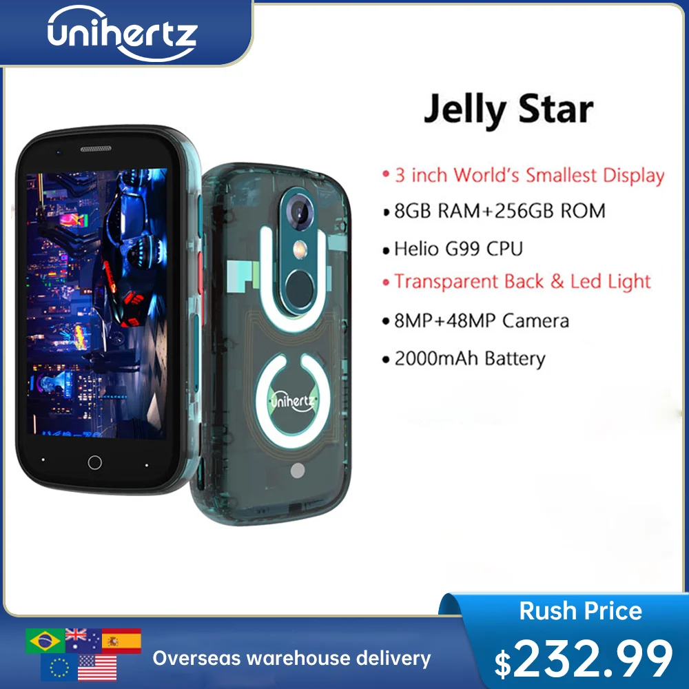 

Unihertz Jelly Star Smallest Android 13 Smartphone 8GB 256GB Led Light Transparent Backshell Mobile Phone 48MP 3inch Cellphones