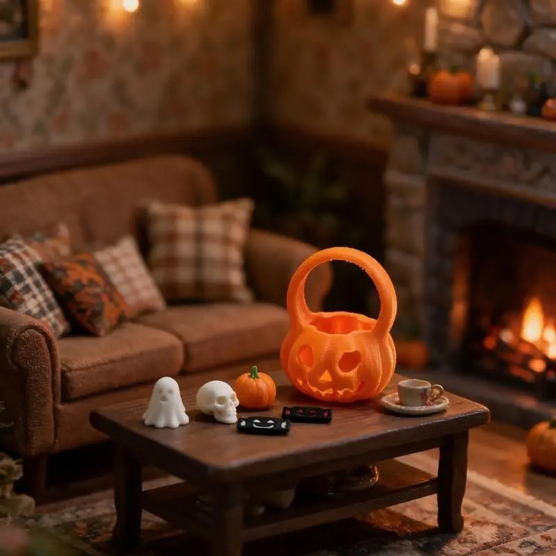 Halloween Mini Dollhouse Decor Set Realistic Pumpkin Basket Ghost Skull Figurines For DIY Tabletop Display