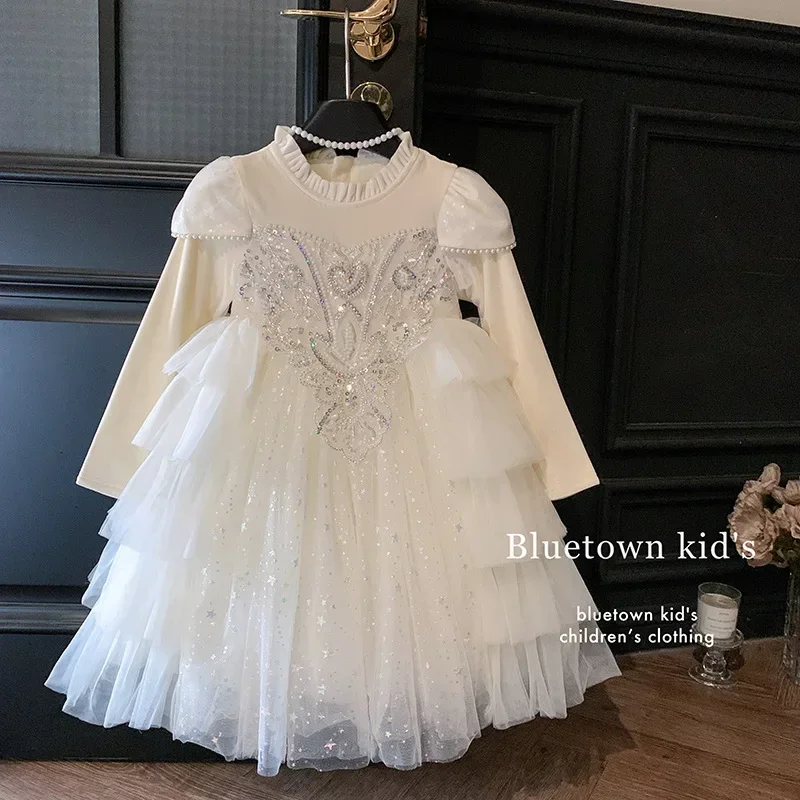 Kids Dress Fleece Puffy Princess Skirt Birthday Party Children Flower Thickened Dress Girls Winter Fashion Long Sleeves Dress