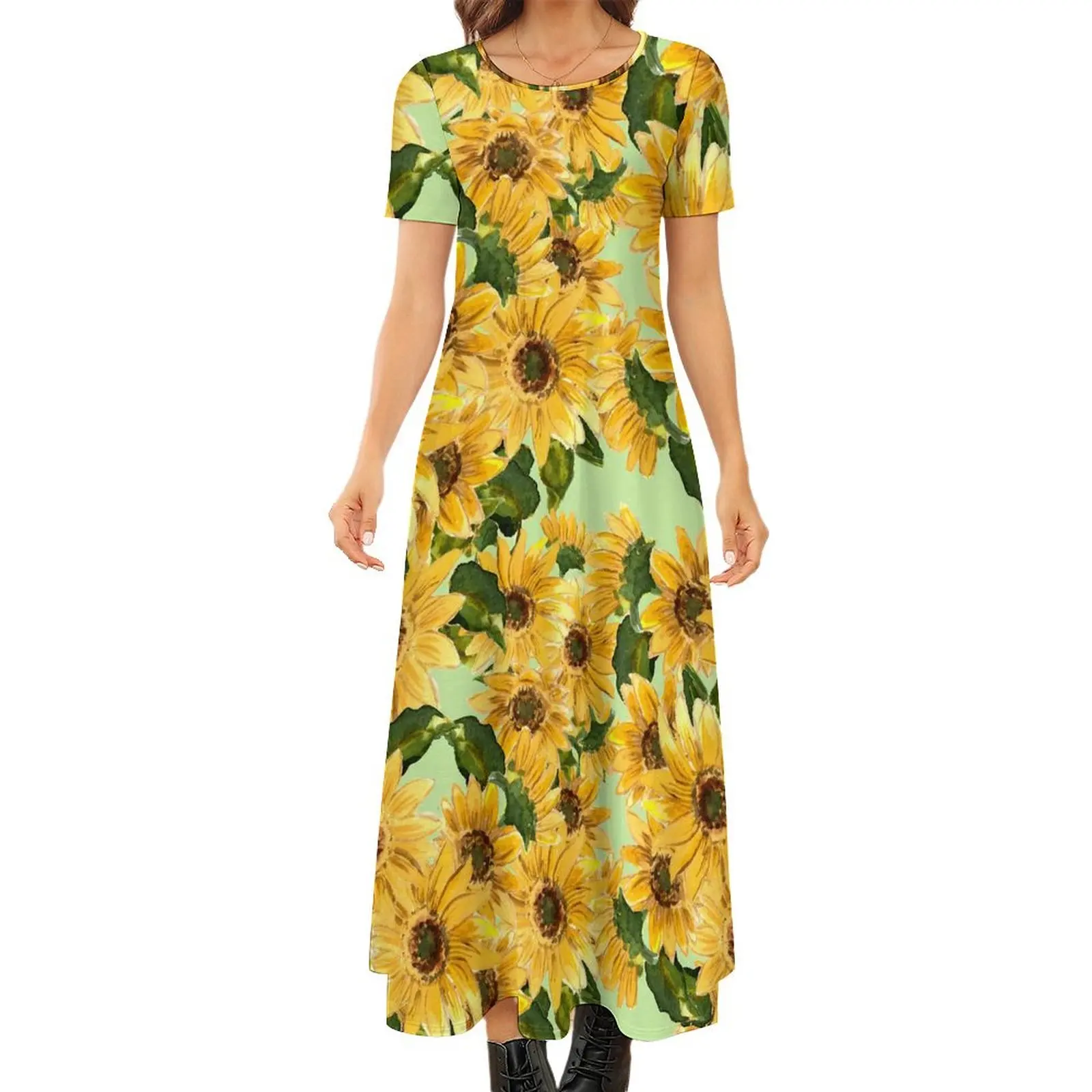 

Blooming Sunflower Dress Yellow Flowers Street Style Boho Beach Long Dresses Women Vintage Maxi Dress Birthday Gift