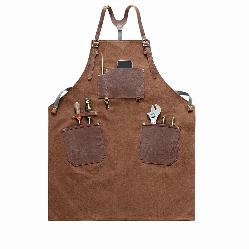 Professional Thick Canvas Apron With PU Leather Pockets Protective Clothing For Woodworking Repair Crafting Kitchen