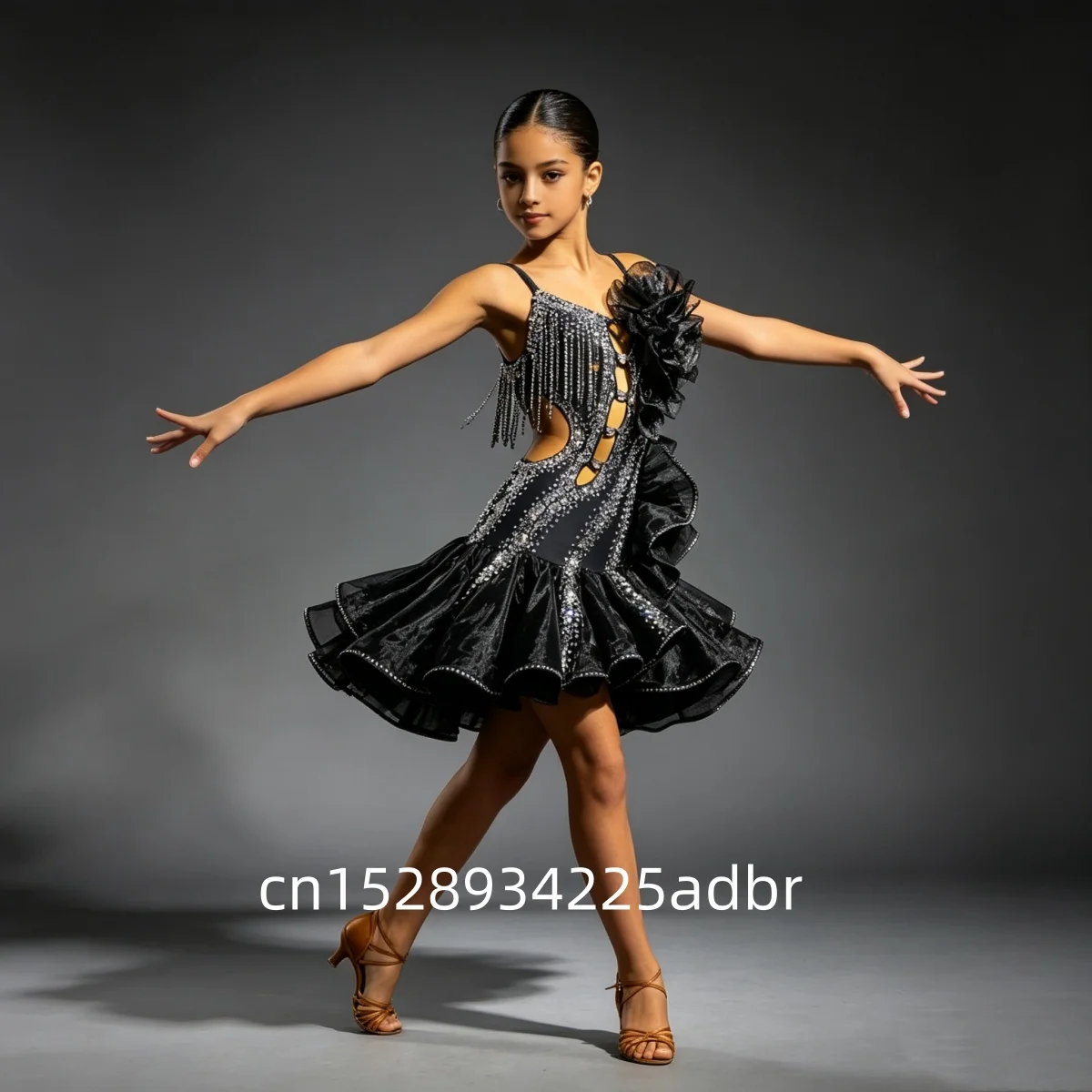 New Latin Dance Competition Women's High-end Customized Black Gold Fishbone Mesh Skirt, Samba Performance Rhinestone Dress