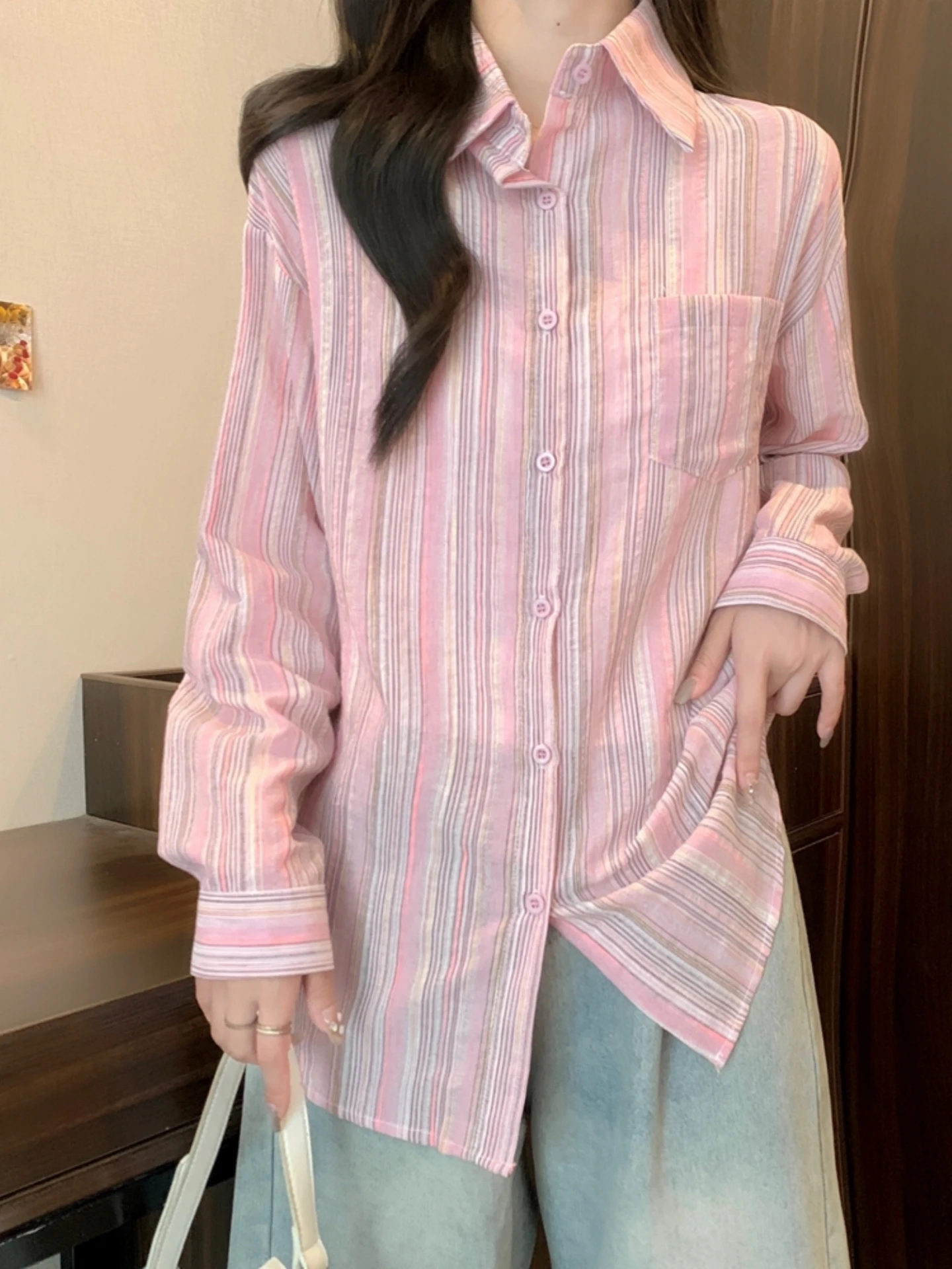

Pink Striped Long Sleeve Women's Shirt Spring Autumn New Style plus Size Slimming Design Retro Base Layer Top