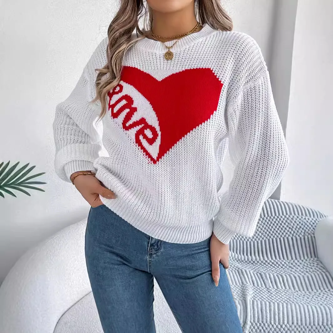 Sweet Knitted Women's Sweater Valentine's Day Color Match Love Love Autumn/Winter 2024 Casual Warm Knitted Sweater Round Neck