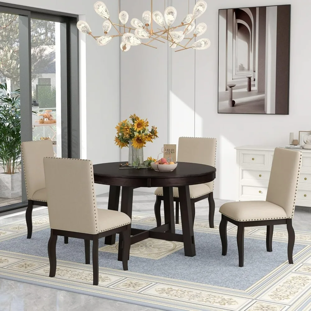 

5-Piece Round Dining Table, Upholstered Chair Set, Round Dining Table with Shelf, Wood Dinings Table Set for Family Dinings Area