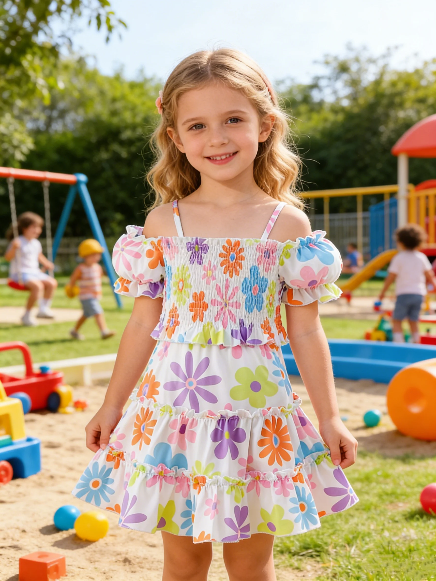 Girls Colorful Floral Print Off-Shoulder Cake Skirt Children's Casual Two-Piece Set Summer Refreshing