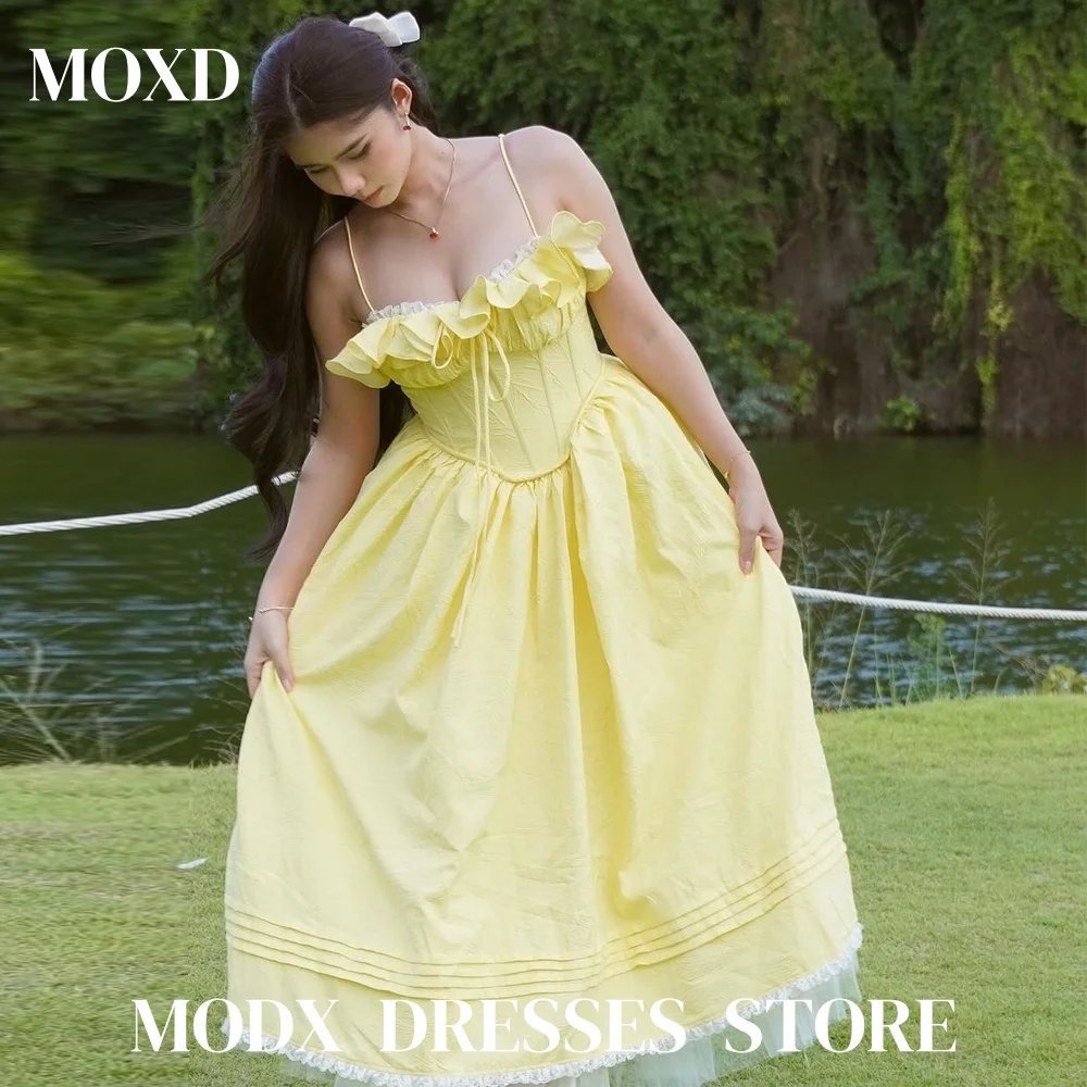 

MODX Fairy Faint Yellow A-line Sweetheart Party Dresses Spaghetti Strap Tulle Sleeveless Birthday Party Dresses Garden Shooting