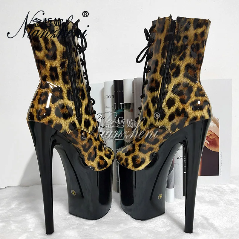 Leopard Print Gothic Pole Dance Shoes 20cm High Thin Heels Exotic Stripper Ankle Boots Sexy Combat Footwear for Pole Dancing