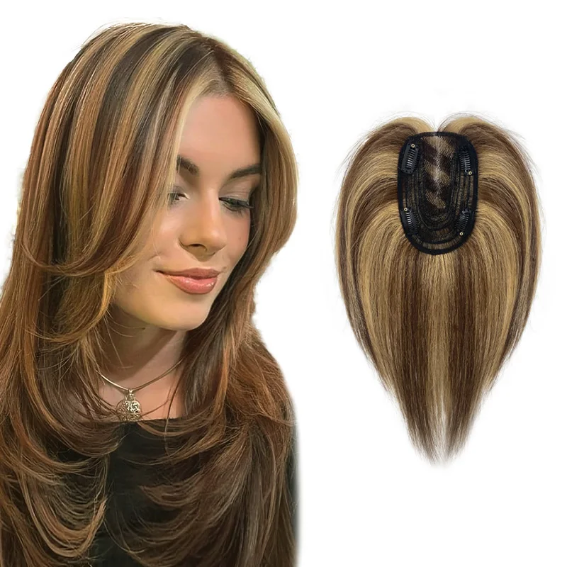 100% Human Hair 9X14cm Hairnet One Piece Hair Extensions Top Wig Piece Topper with Clips Wig Toppers Women with Thinning Hair