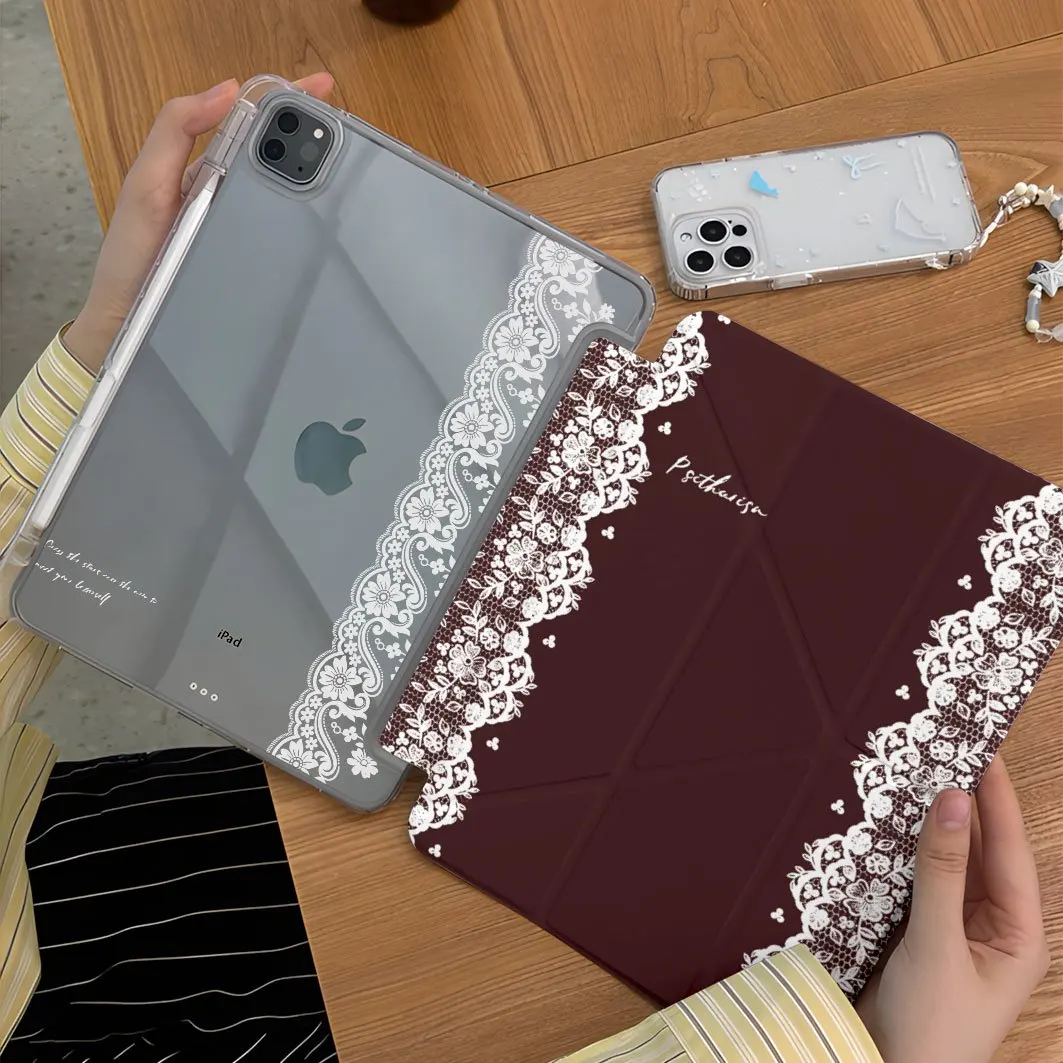 Korean Cool Brown Lace New Tablet Case For iPad Pro 11 12.9in 13 M4 9.7 10.2 5/6th 7/8/9 10 11th MINI 6 7 Air 5 6 7 Trifold Case