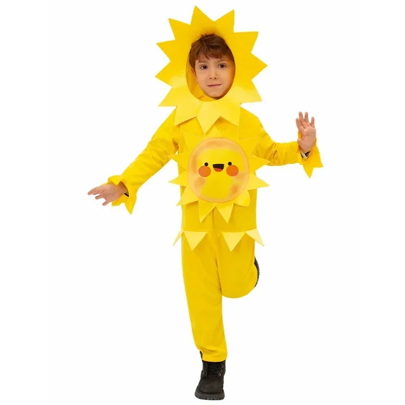 2024 Unisex Child Summer Sun Fancy Dress Up For Purim Carnival Child Sunflower Jumpsuit With Hood Halloween Costume