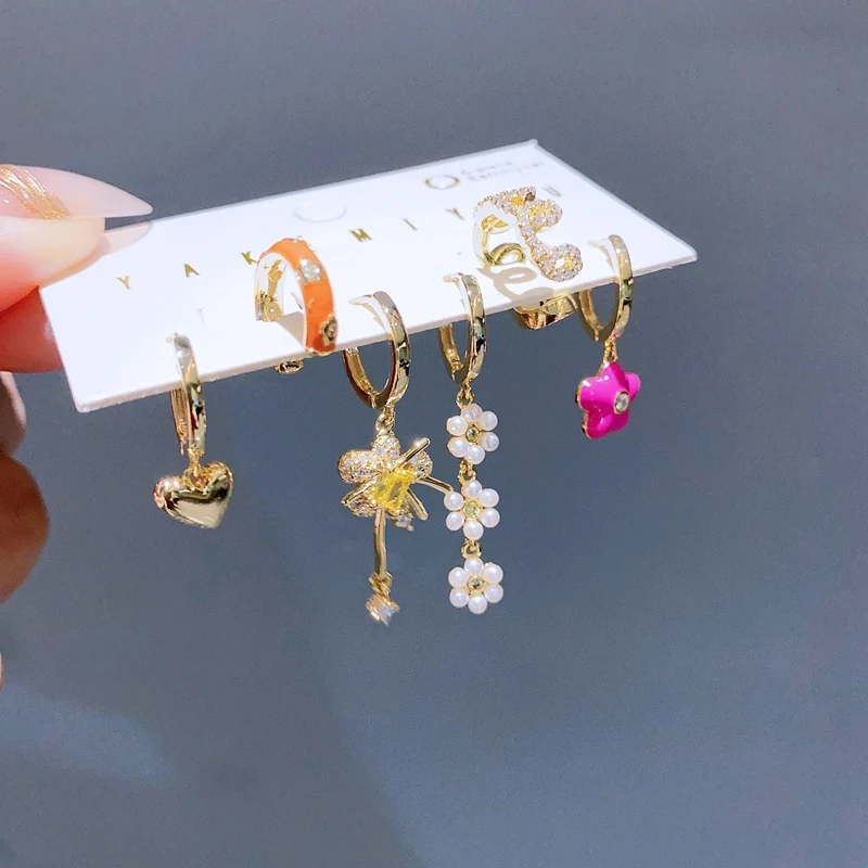 2023 Design CZ Crystal Flower Hoop Earrings Set with Ear Bone Cuffs Gold Plated Women Earrings Jewelry