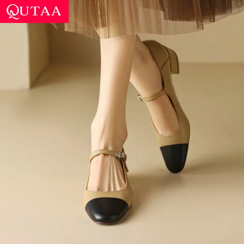 QUTAA 2023 Women Pumps Square Toe Low Heels Genuine Leather Mary Janes Shoes Woman Spring Summer Office Ladies Size 34-40