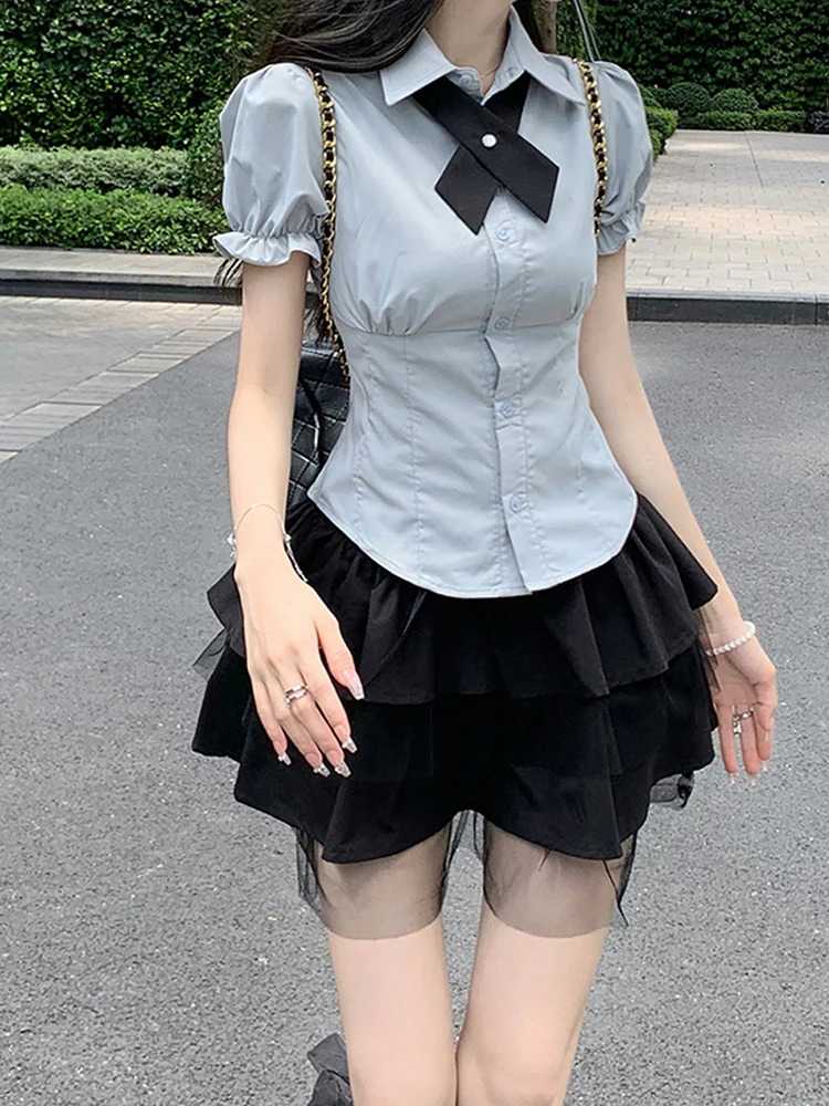 Japanese Style 2 Piece Sets Women's Outfits Cute Short Sleeve Ruffles Sailor Collar Slim Waist Bowknot Shirts and Skirt Student