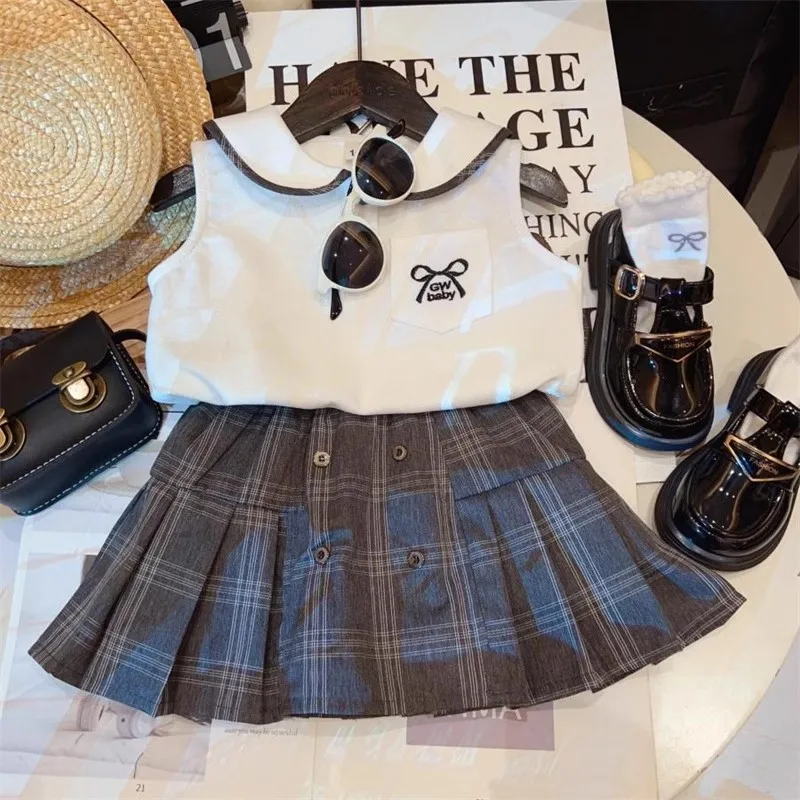 

TOY-Girls Suit2025Summer New Style Baby Girl Academy Style Sleeveless SweetpoloPleated Skirt Two-Piece Set
