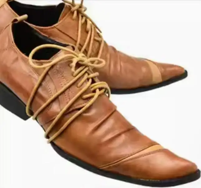 British Lace- up Super Soft Leather Shoes Formal Social Man Derby Dress Shoes Irregular Pointed Toe Western Cowboy Shoes