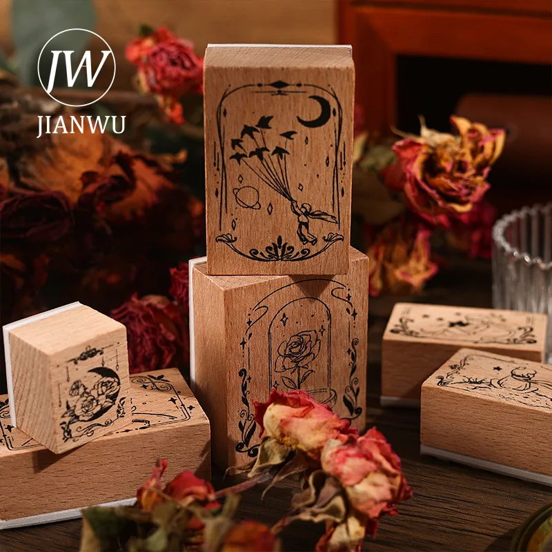 JIANWU 6 Pcs/set Rose Prince Series Vintage Wooden Rubber Stamp Set Creative DIY Journal Printing Decor Material  Stationery
