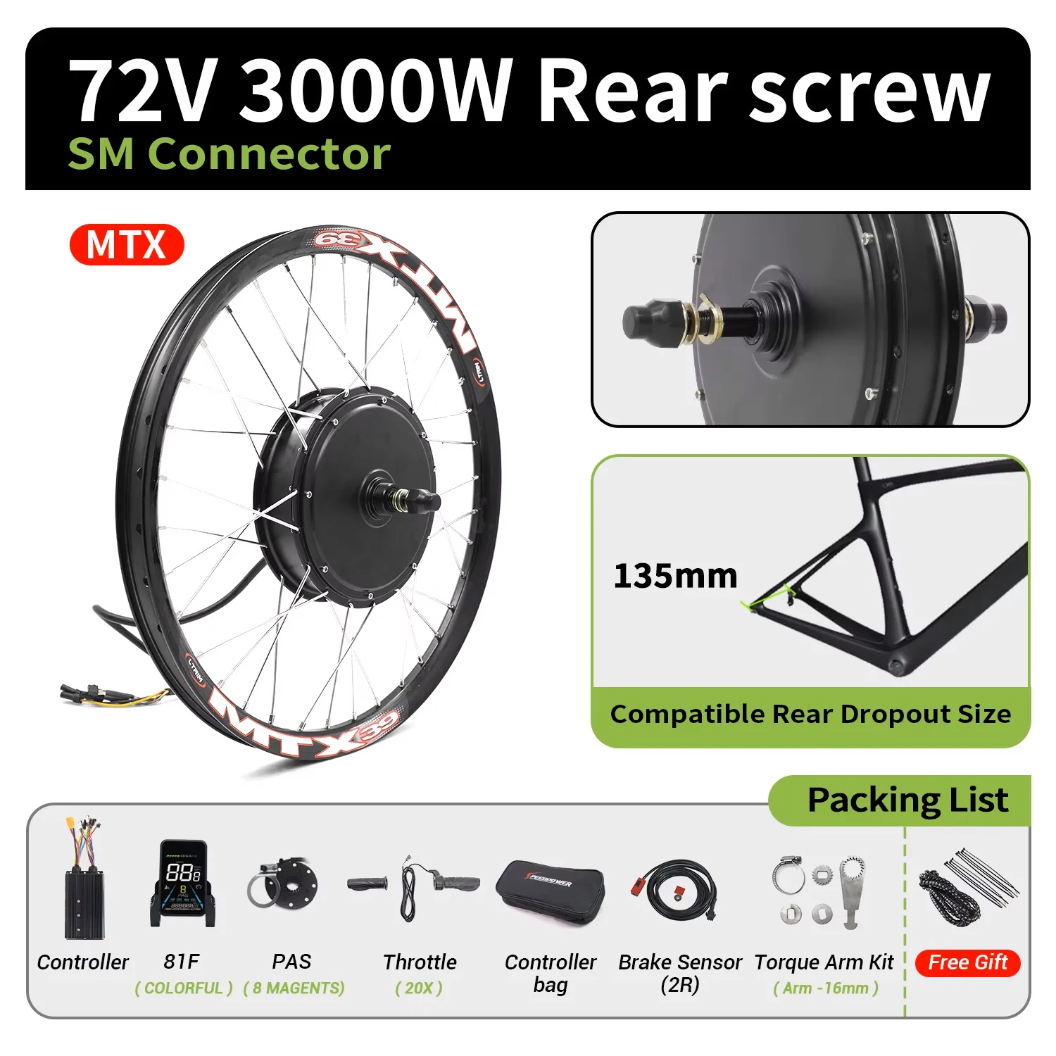 Esoulbike 72V 3000W elektrische fietskit, achterwielnaafmotor voor 26-28 inch 700C fiets, ombouwkit
