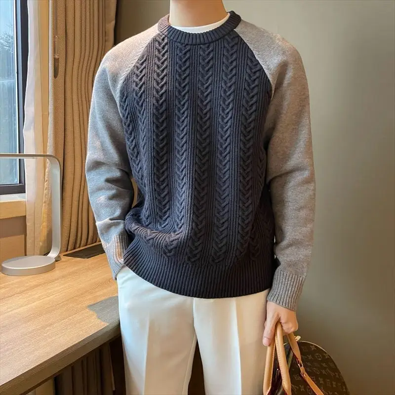 

2024 New Sweater Men's Versatile Contrast Color Letter Fashion Casual Knitting Trend Minimalist O-Neck Loose Long Sleeved Tops