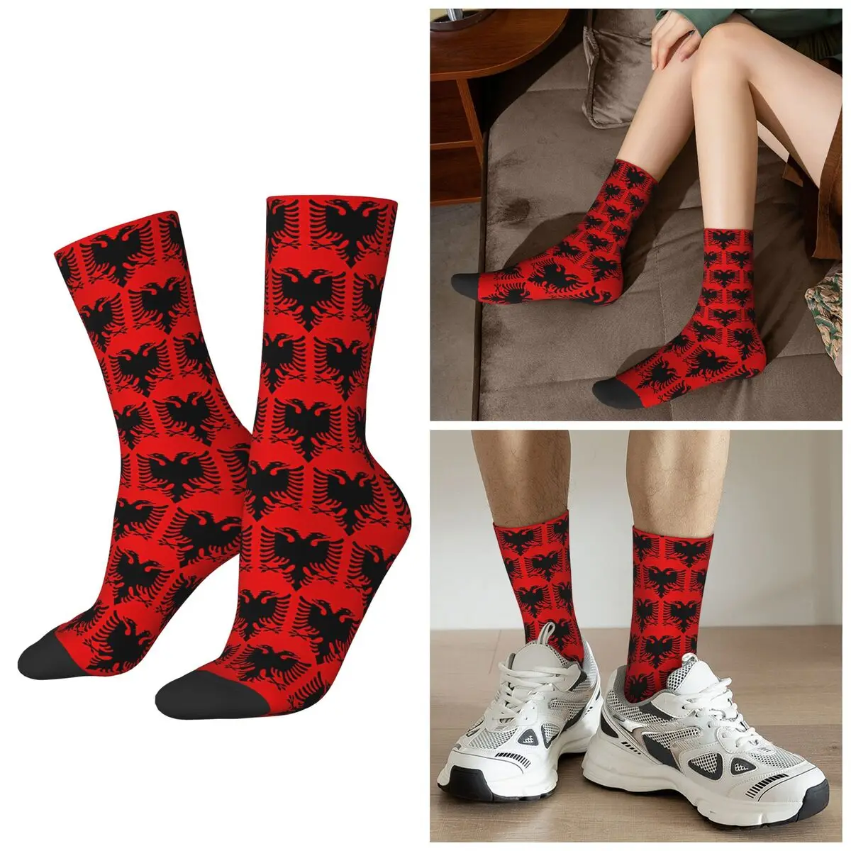 All Seasons Albania Flag Black Eagle On Red Socks Harajuku Crew Socks Casual Stockings for Men Women Valentine's Day Gifts