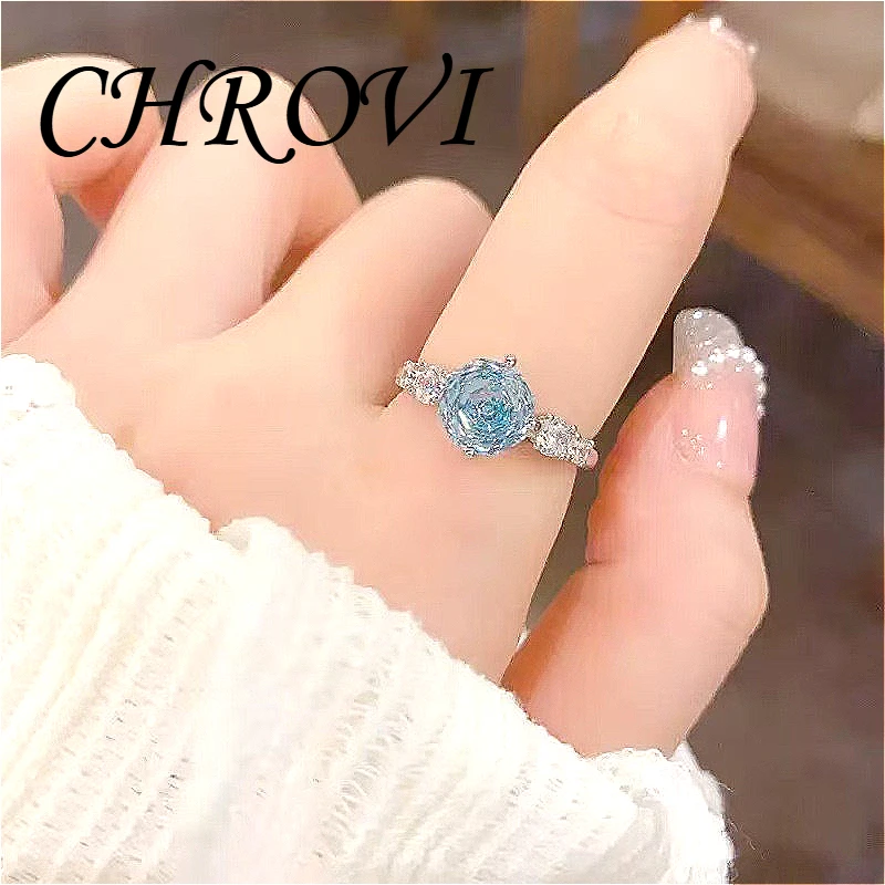 Fashion 925 Sterling Silver Light Luxury Millennium Rose-Cut Women's Ring Exquisite Rose Sea Blue Sapphire Ring