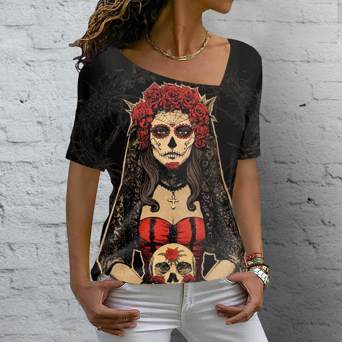 Women\'s T Shirt Vintage Skull 3D Printed V-neck Blouses Casual Short Sleeve Pullover Tops Summer Oversized Harajuku Clothes Tees