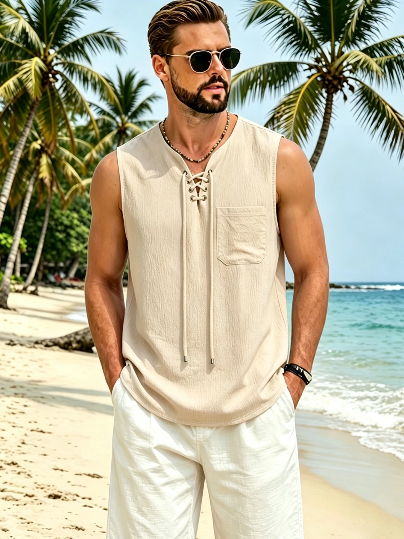 Men Tie-Up V Neck Sleeveless Vest Loose Fit Lightweight Breathable Solid Color Beach Street Casual Tank Top