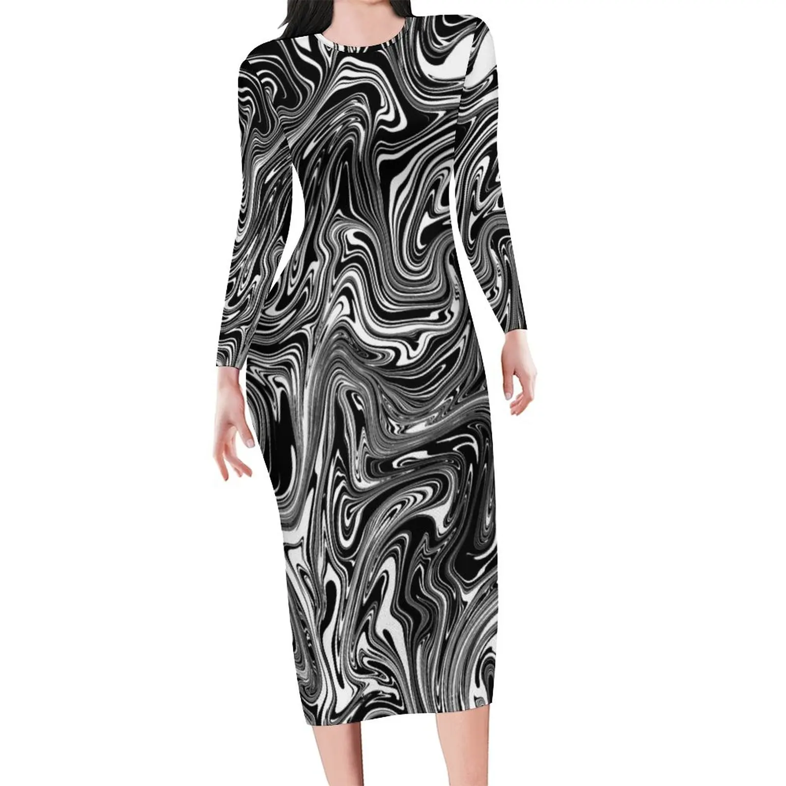 Black And White Liquid Dress Long Sleeve Abstract Marble Print Street Wear Dresses Summer Elegant Bodycon Dress Womens Vestidos