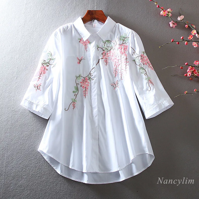 Retro Chinese Style Embroidery Shirts for Women Casual Loose Lapels Bright Fashion Mid-Length Cotton Mid-Sleeve Blouses and Top