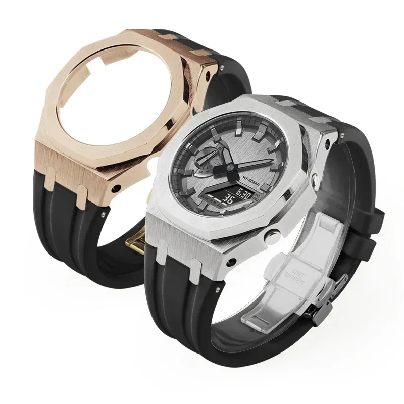 Gen4 مجموعة تعديل Mod لساعة Casioak GM2100 ، حافظة بسوار من الفولاذ المقاوم للصدأ ، إطار معدني ، حزام مطاطي ، مسامير #6
