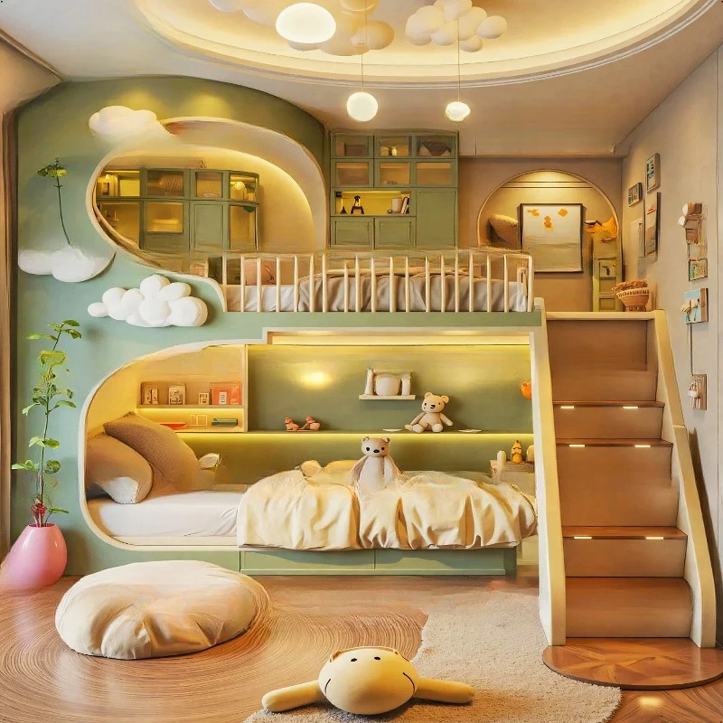 Rumah pohon di hutan, tempat tidur anak-anak, desain seperti harta karun anak laki-laki, bisa digunakan di atas dan di luar tempat tidur, hijau kecil segar dengan rak buku