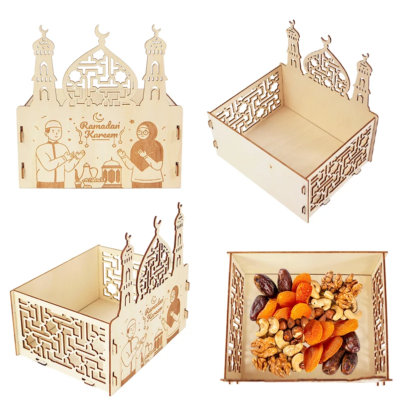 

Wooden Ramadan Food Tray Eid Mubarak Decoration for Home Cake Display Dessert Fruit Plate 2024 Islamic Muslim Party Decor Gift