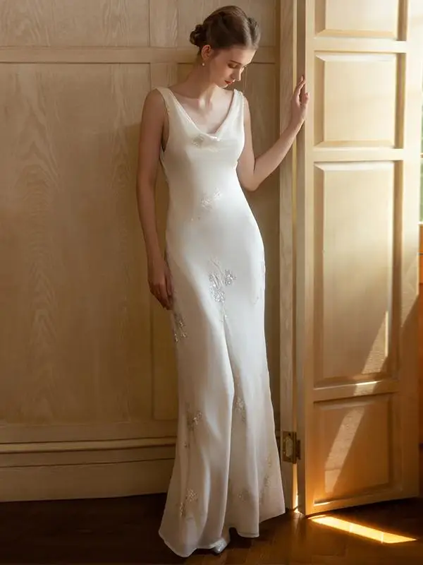 

Elegant White Wedding Dress for Bride Advanced Feelings Fitted Long Gown with Zipper for Engagement Certificate Ceremony