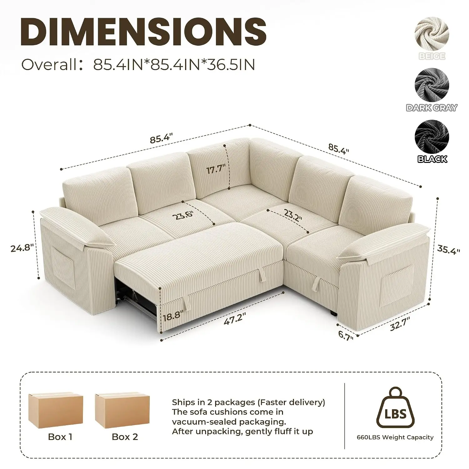 Beige Sectional Sleeper Sofa with Pull Out Bed, Living Room & Guest Room, Customized