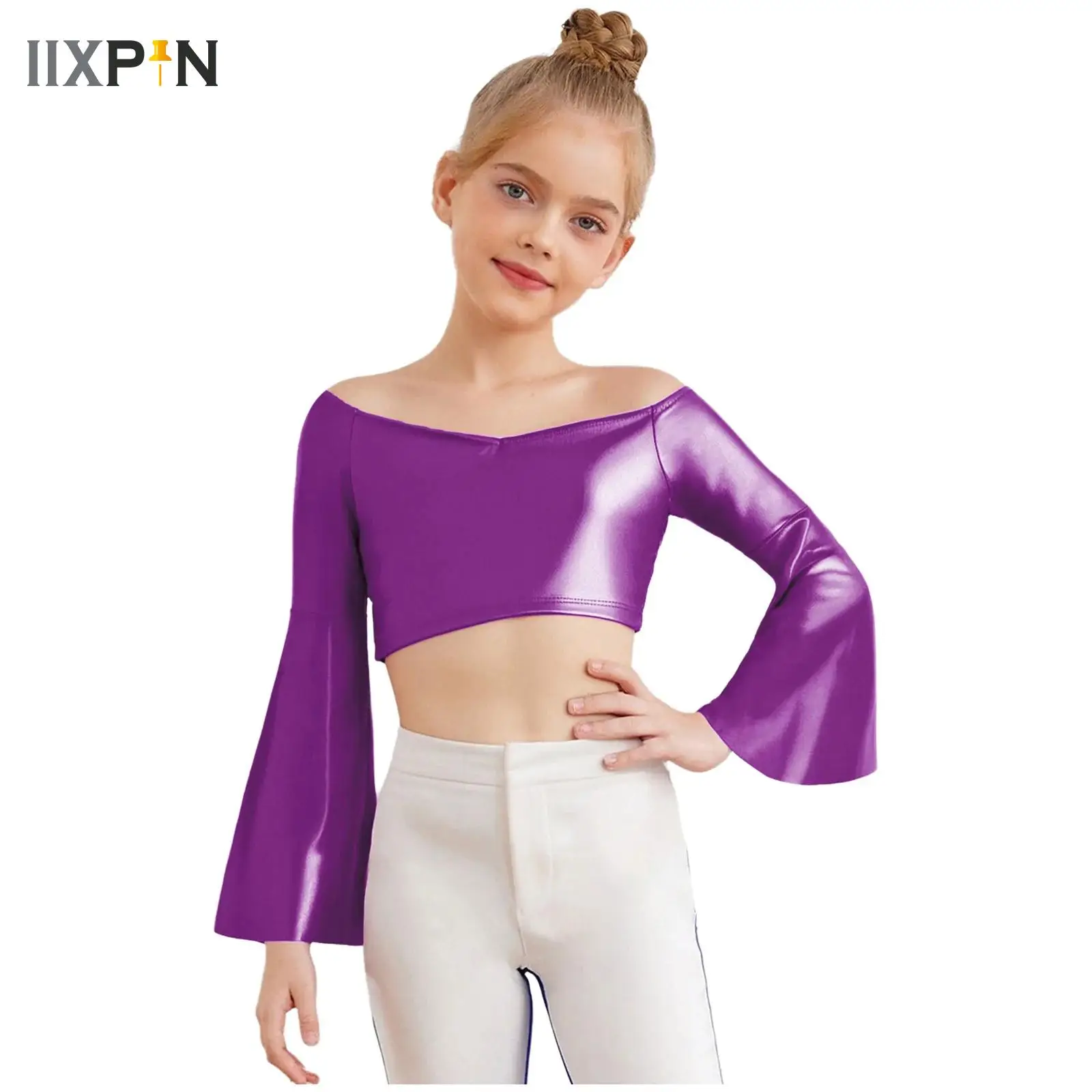 الفتيات الجاز الهيب هوب الرقص المحاصيل الأعلى متوهج كم خارج الكتف لامع تي شيرت للمدرسة التشجيع أداء التصوير الفوتوغرافي #1