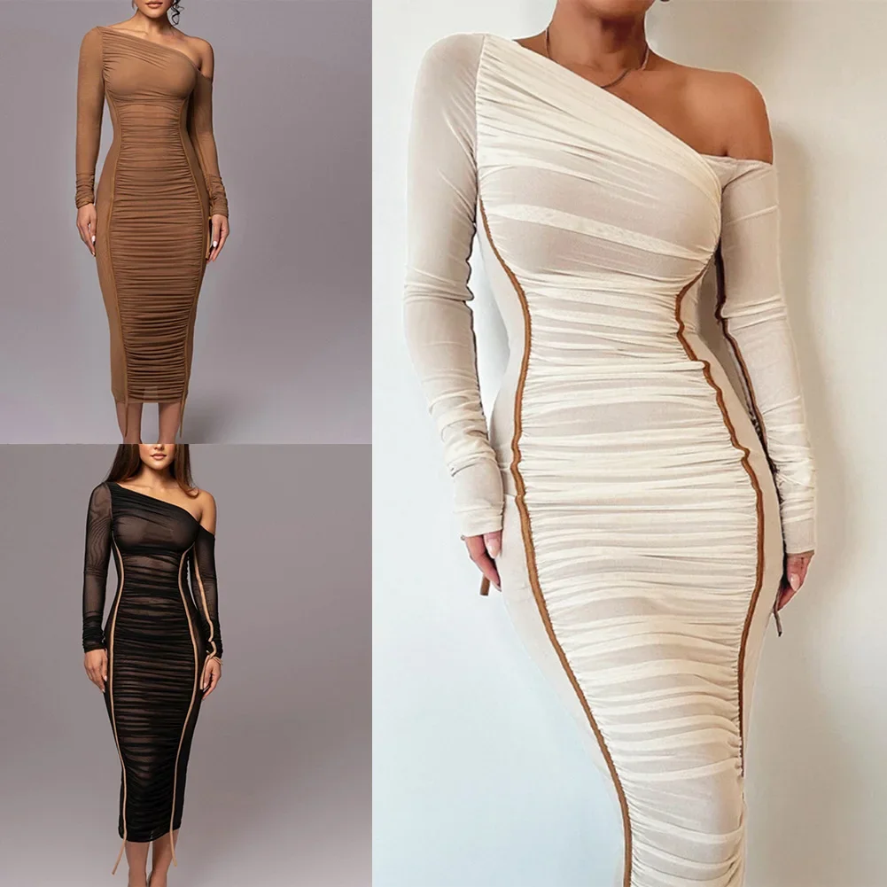 Party Occasion Mesh Maxi Dress Diagonal Collar Dress Casual Vacation Maxi Dress Long Sleeve Dress Bodycon Fit Dress