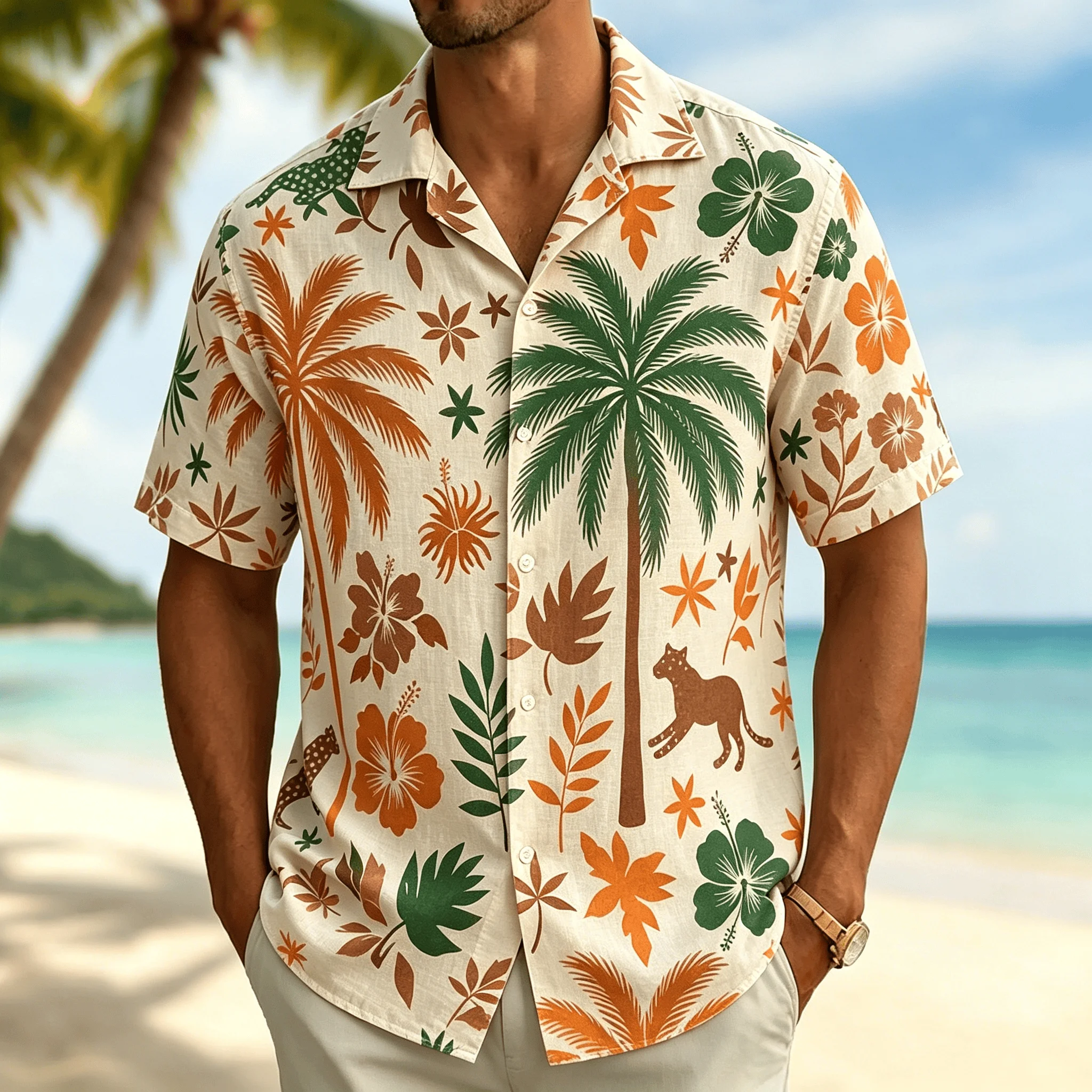 2026 Tropical Flora and Fauna Flower Shirt, Bird Leopard Flower Niche Design, Men's Loose Summer Lightweight Shirt