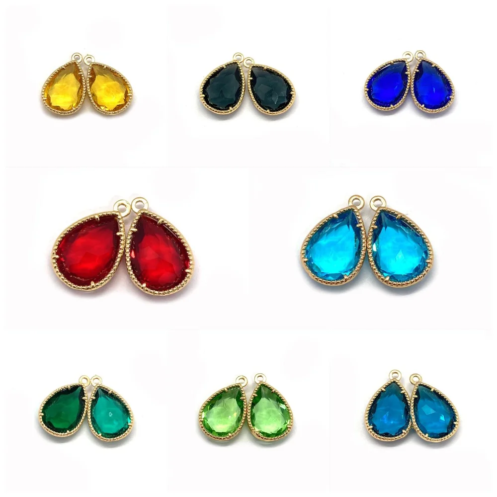 Multi-Color Glass Crystal Teardrop-shaped Pendant 12x18mm Gold-Plated Edge Wth Prong Setting Charm DIY Necklaces Earrings Gifts
