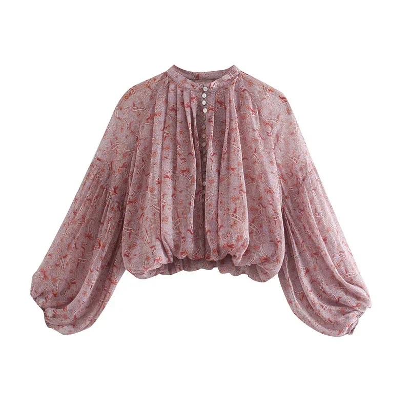 TEELYNN Puff Long Sleeve Boho Blouse Shirt for Women Vintage Chiffon Red Floral Print Autumn Crop Top Ladies Blusas Mujer 2024