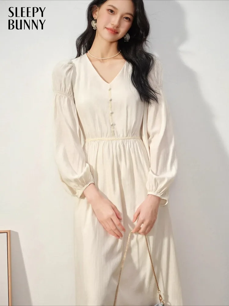 

Elegant Vintage Long Sleeve Dress V Neck Puff Sleeve Midi Maxi Dress High Waist Lace Trim A Line Outfit for Women Autumn Casual